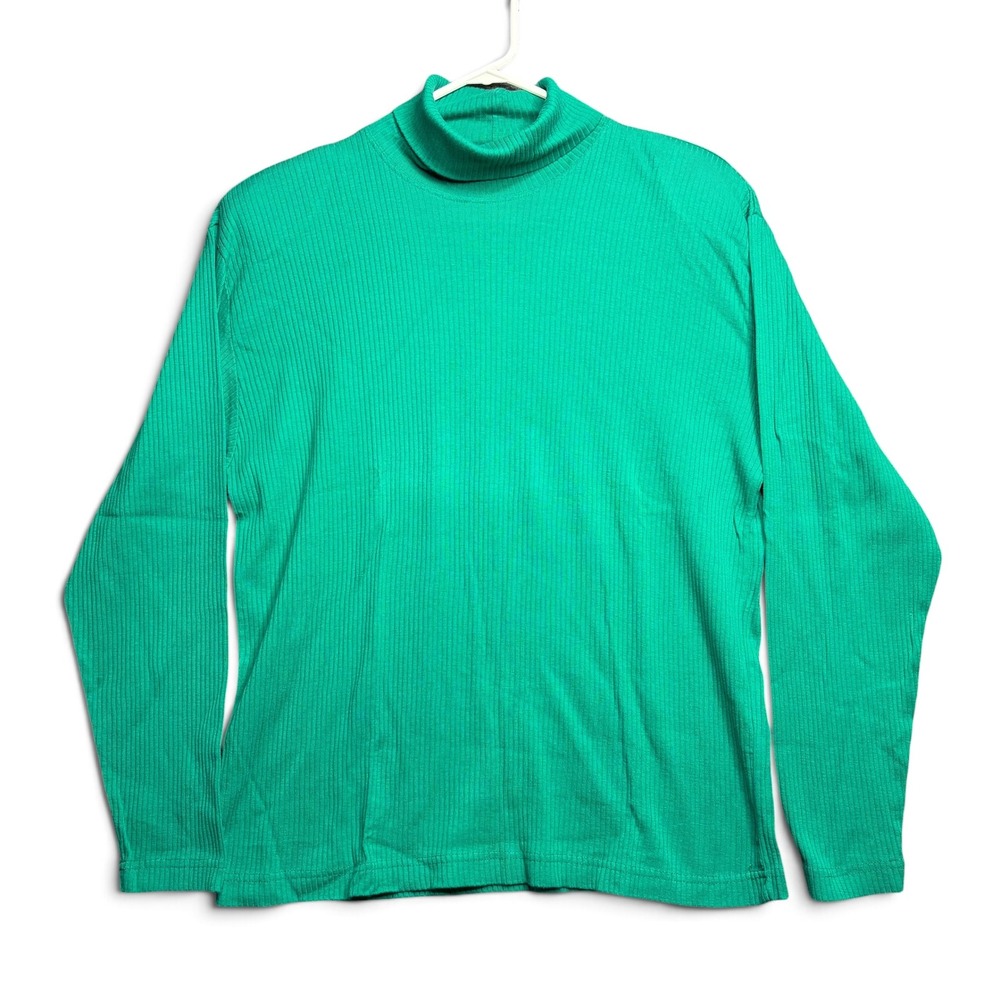 Talbots Emerald Green Turtleneck Top 100% Cotton Long Sleeve Sz L Cabincore 90s